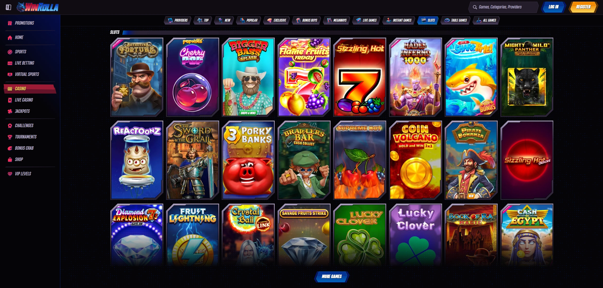 bunte Winrolla Slot-Lobby mit Stadion-Stimmung